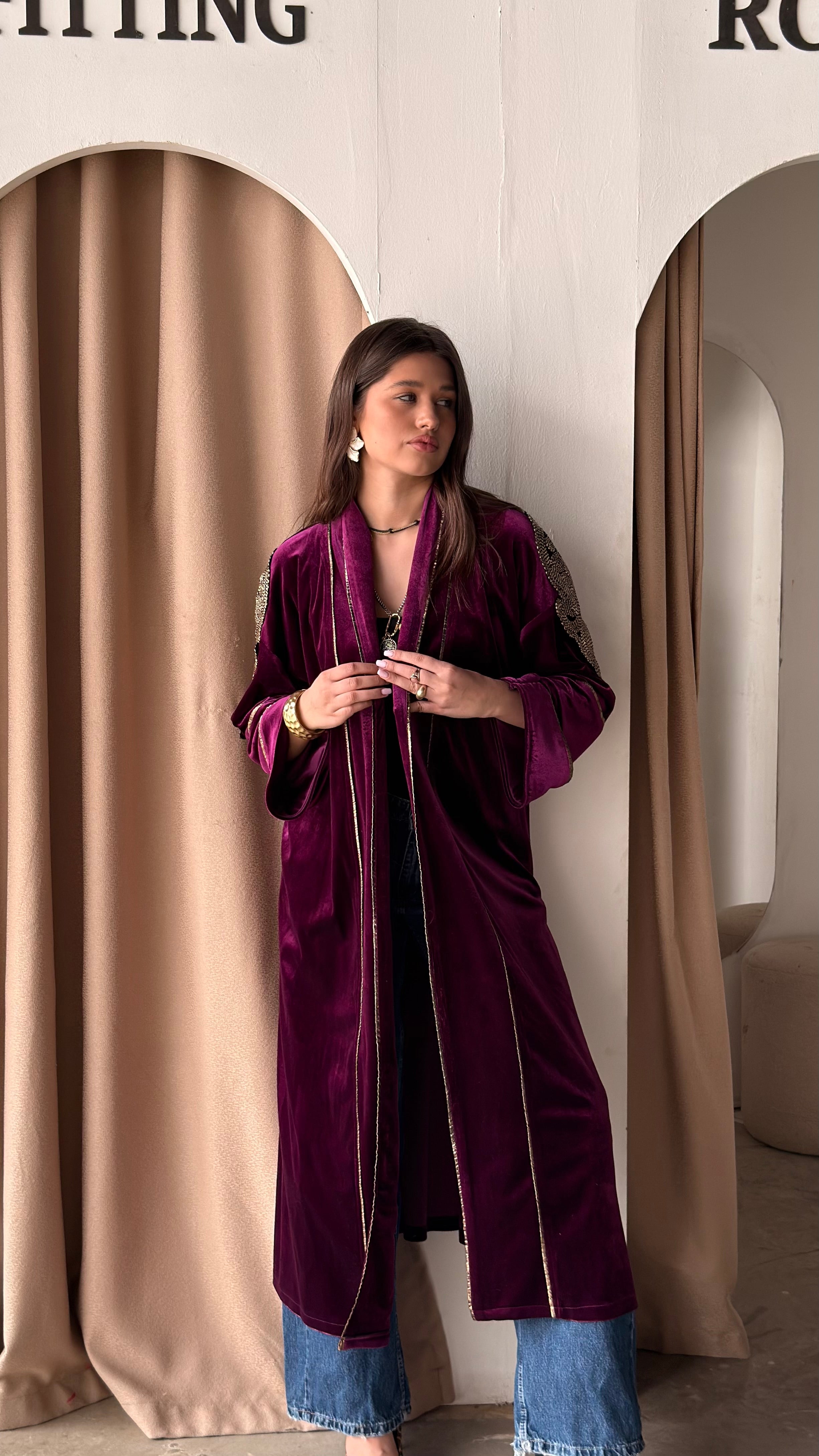 Magenta kaftan with indian stitches