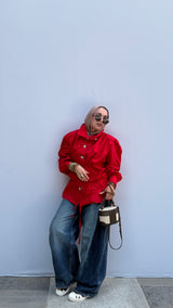 Crimson statment funnel neck gabardine shirt( preorder now) delivery within a week.