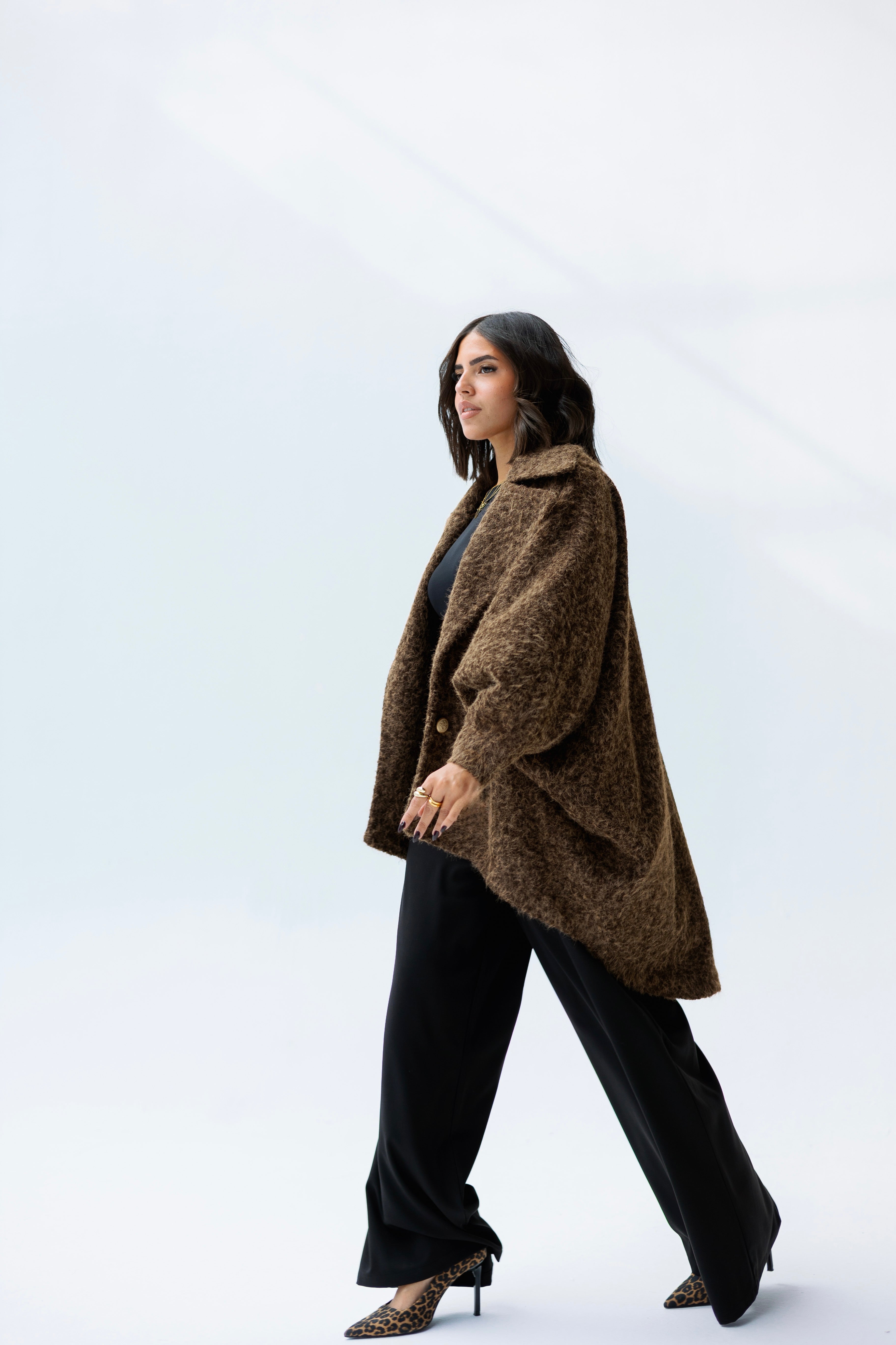 Oversized mohair brown high low jacket