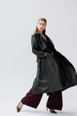 Black faux leather trench coat