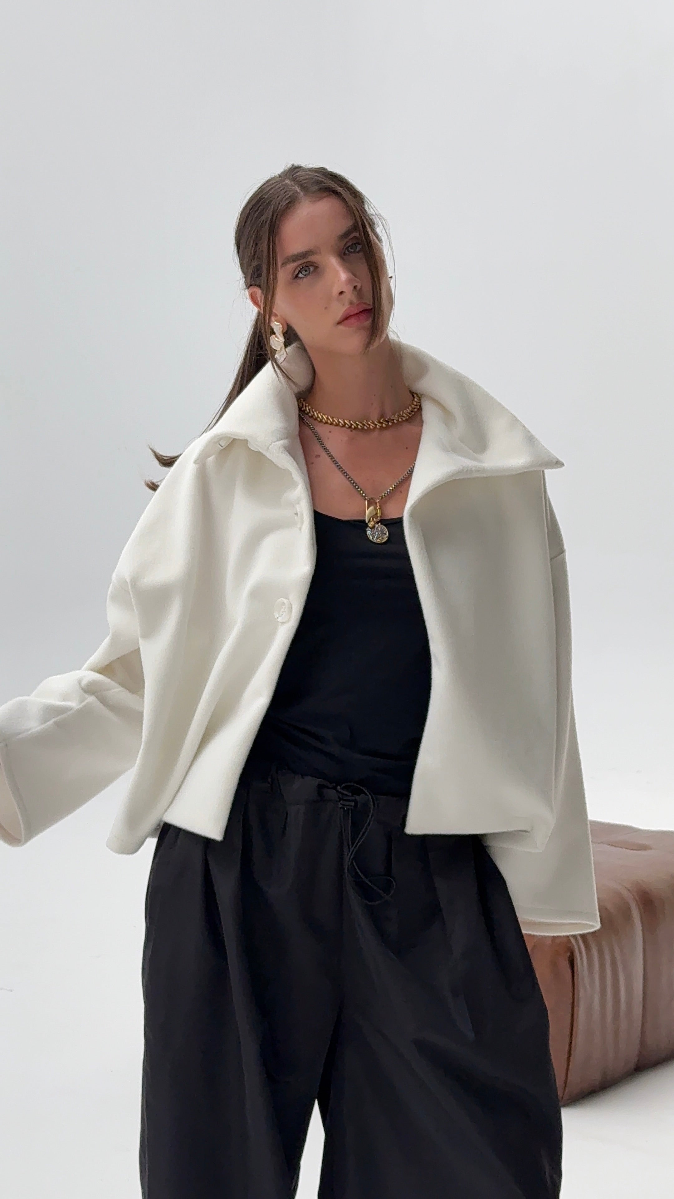 White High neck soft fur jacket