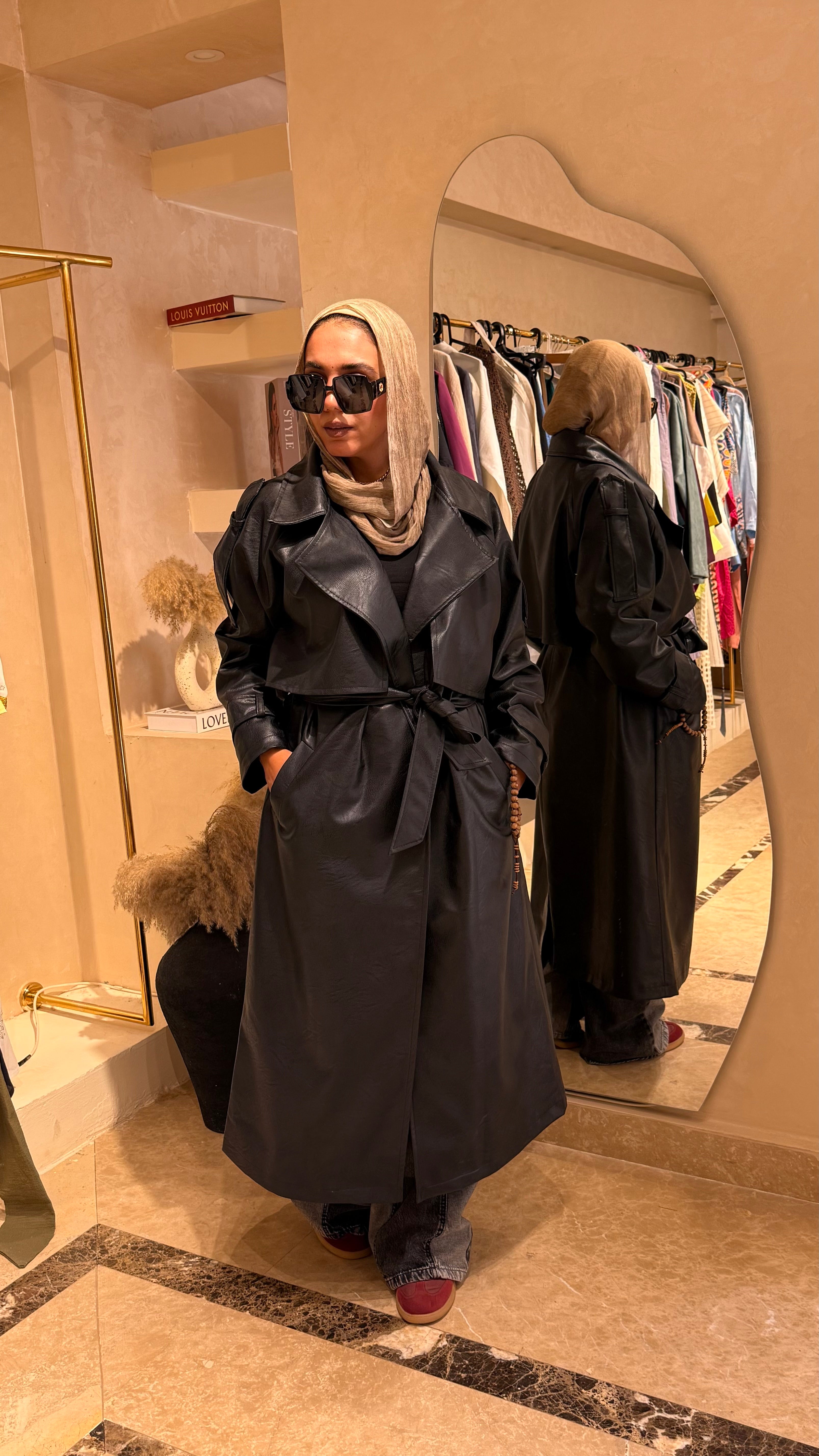 Black faux leather trench coat