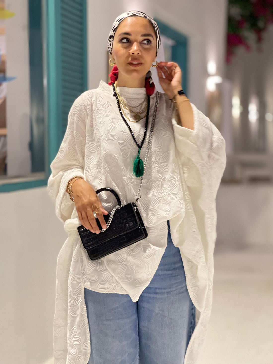 White stitched  cotton poncho