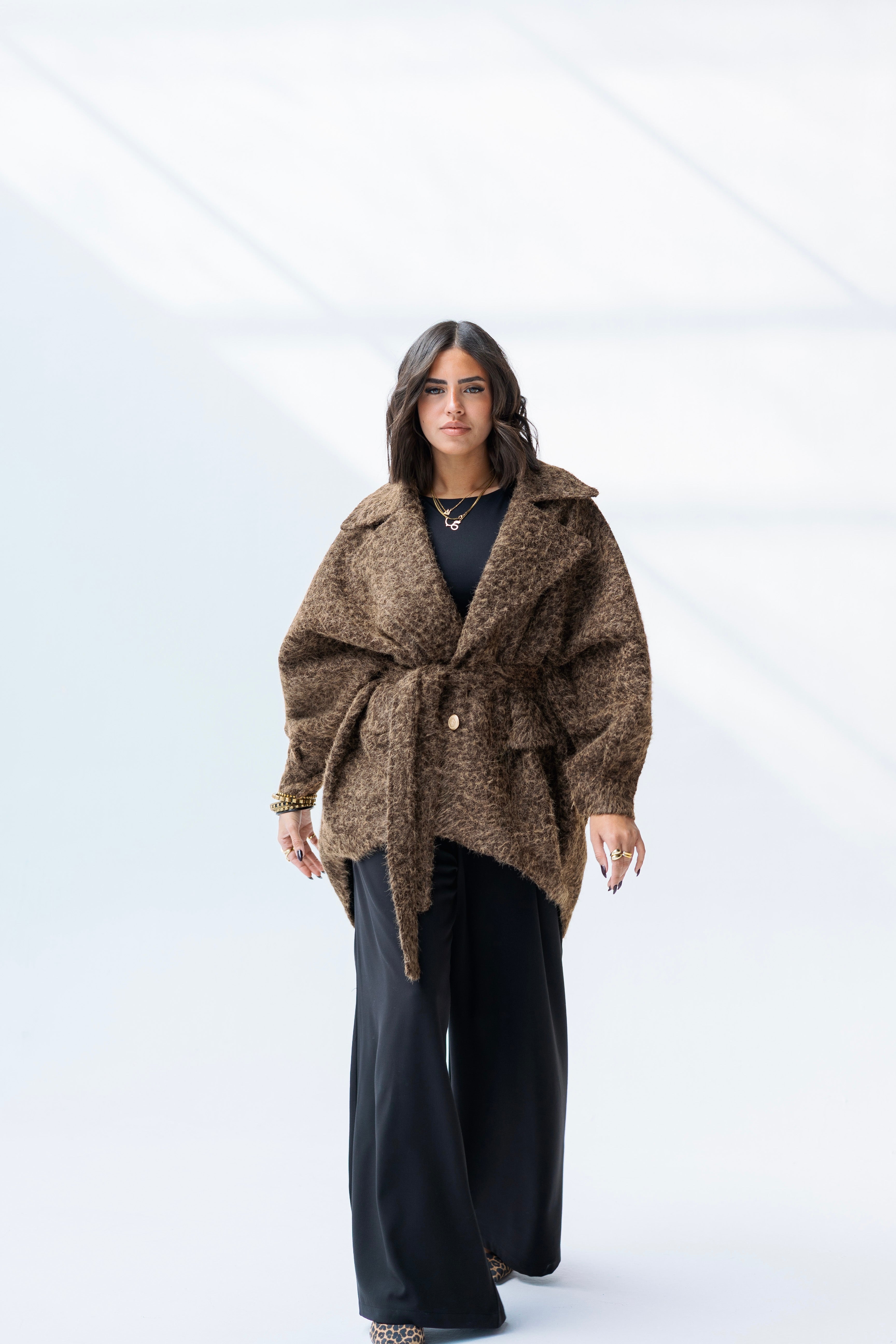 Oversized mohair brown high low jacket
