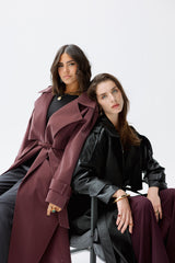 Burgundy faux leather trench coat